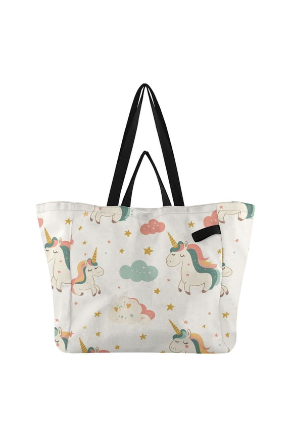 Pastel Style Stars Unicorns Clouds Cartoon Foldable Canvas Tote Bags Reusable Grocery Bags Laundry Bags Beach Bag 32L