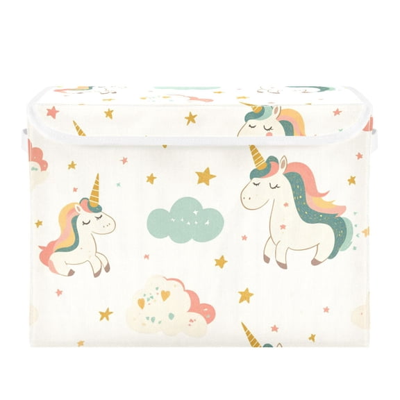 Pastel Style Stars Unicorns Clouds Cartoon Foldable Storage Bin with Lid and Handle Collapsible Storage Box 16.5 x 12.6 x 11.8 inches