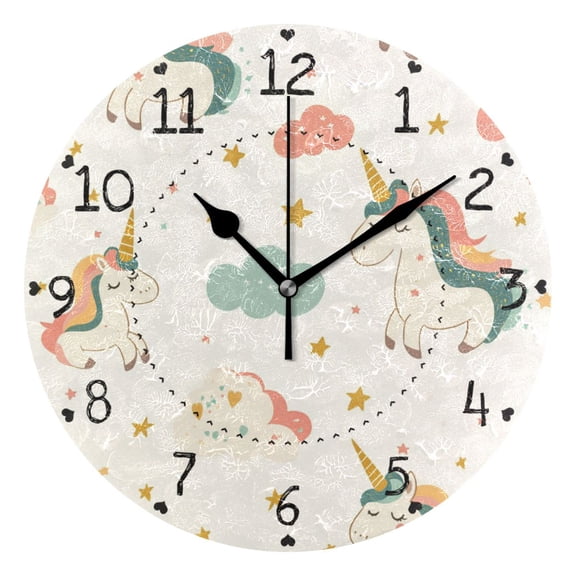 Pastel Style Stars Unicorns Clouds Cartoon Round Wall Clock Silent Analog Battery Operated Black Pointer Home Decor 9.84" Diameter