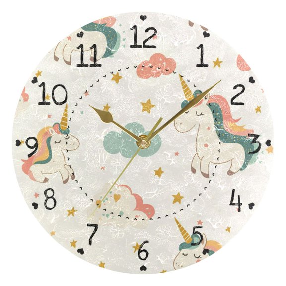 Pastel Style Stars Unicorns Clouds Cartoon Round Wall Clock Silent Analog Battery Operated Gold Pointer Home Decor 9.84" Diameter
