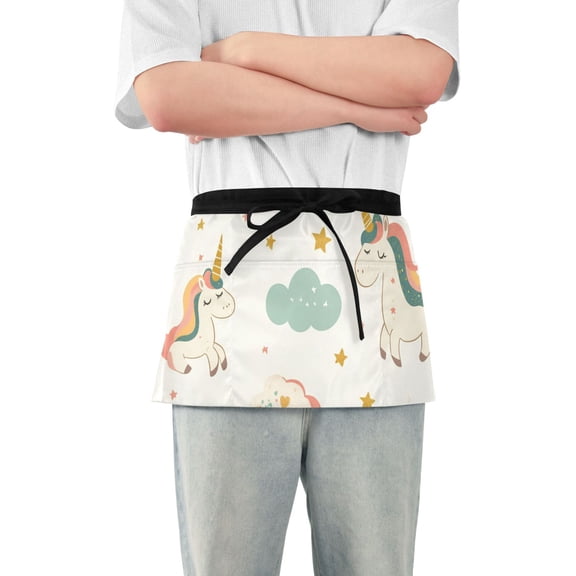Pastel Style Stars Unicorns Clouds Cartoon Short Server Apron with 3 Pockets for Unisex Chef Gardening