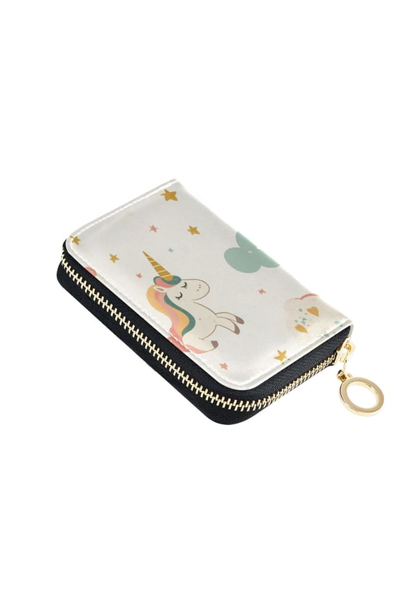 Pastel Style Stars Unicorns Clouds Cartoon Women's Credit Card Holder PU Leather Zipper Wallet RFID Blocking
