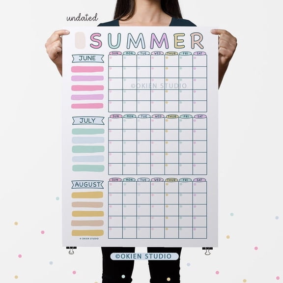 Pastel Summer Calendar Poster: June-August Planner, Any Year, Unframed Paper Poster 16x20in