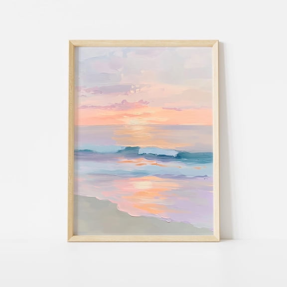 Pastel Sunset Ocean Poster, Coastal Seascape Wall Art Print, Tranquil Beach Waves , Soft Sunset Coastal Decor Unframed Paper Print