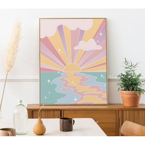 Pastel Sunset Poster, Aesthetic Poster, Sun Rays Beach Print, Danish Pastel Retro Sunset Printed Wall Art, Ocean Sunset Art,Dining Room Decor, Bedroom Art, Art Decor, Frameless 20x30inch