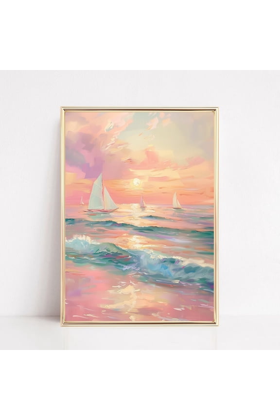 Pastel Sunset Print, Blush Pink Coastal Beach Preppy Ocean Poster, Boho Wall Art Decor, Girly Dorm Teen Room Prints