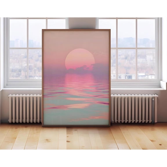 Pastel Sunset Wall Art Poster, Minimalist Ocean Horizon, Abstract Trendy Landscape, Pink Gradient Seascape,, Unframed Poster Size 24x36