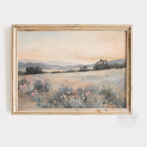 Pastel Sunset Wall Art Vintage Style Wildflower Landscape Soft Peach Spring Sunset Summer