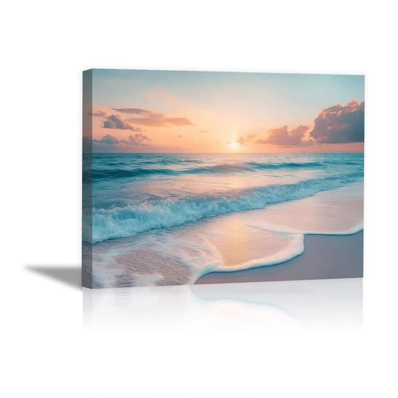 Pastel Sunset Wave Ocean Framed Canvas Wall Art, Soft Minimal Decor for Hallway Kitchen Bathroom Ready to Hang12"L x 8"W
