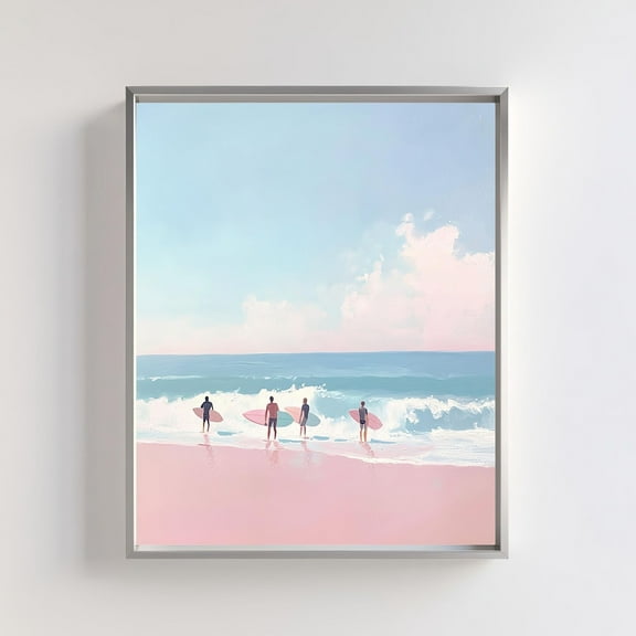 Pastel Surfer Beach Art Pink Surfboards Ocean Waves Wall Decor, Unframed Canvas 8x10in