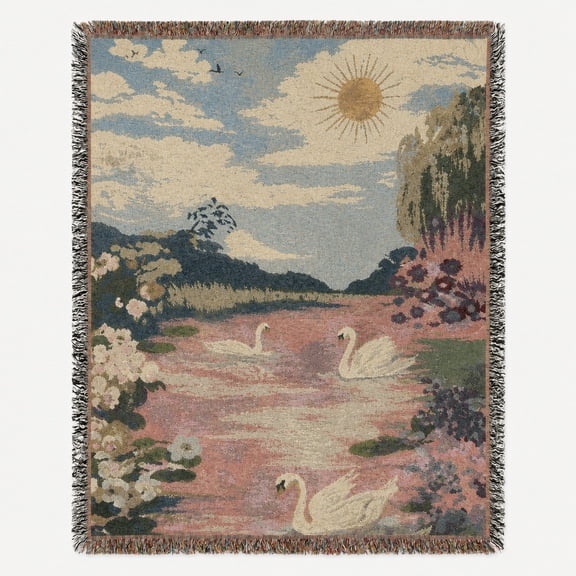 Pastel Swan Garden Landscape Woven Throw Blanket, 100% Cotton with Fringed Edges, Home Decor