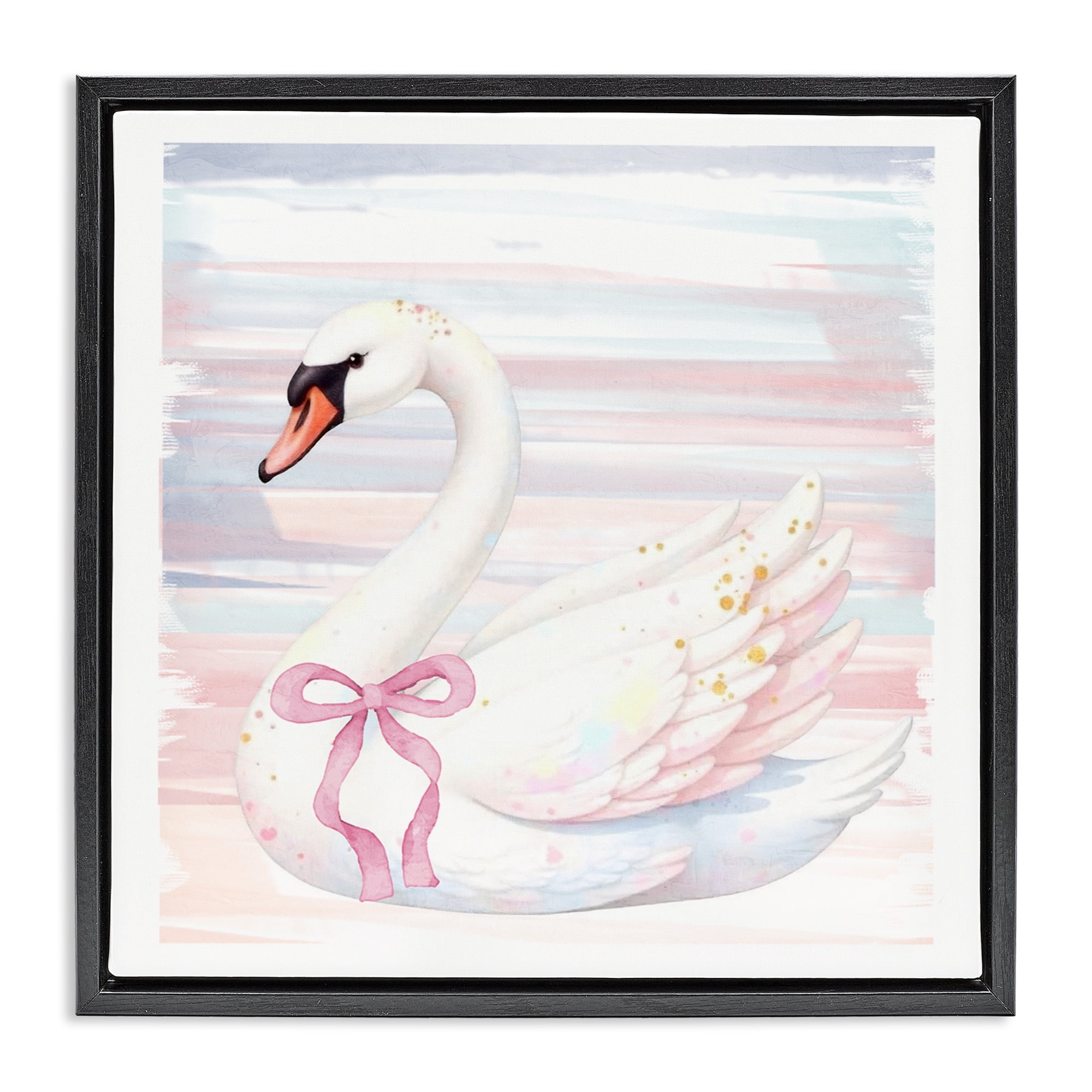 Pastel Swan with Ribbon Black Framed Floater Canvas Wall Art, design by Kim Allen