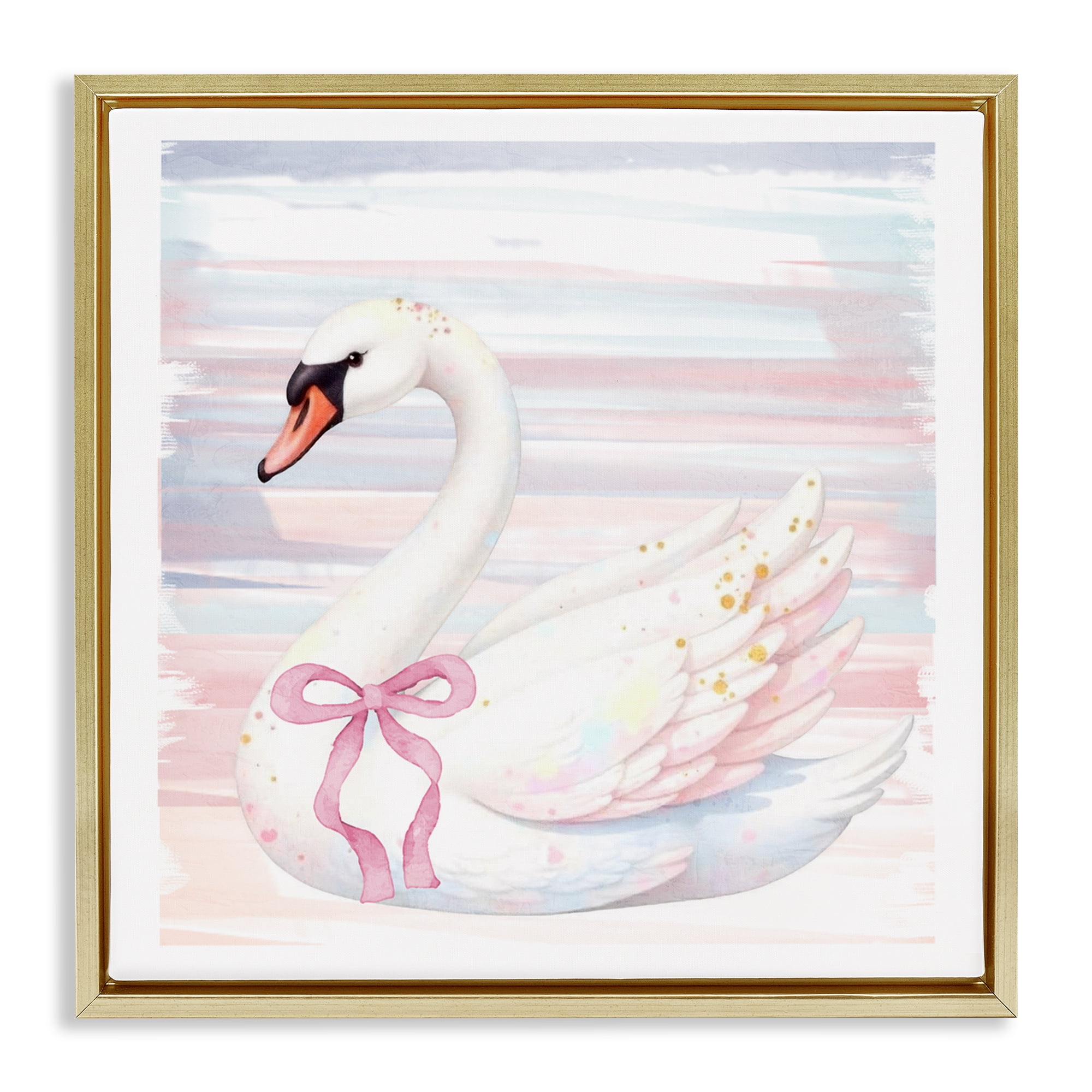 Pastel Swan with Ribbon Gold Framed Floater Canvas Wall Art, design by Kim Allen