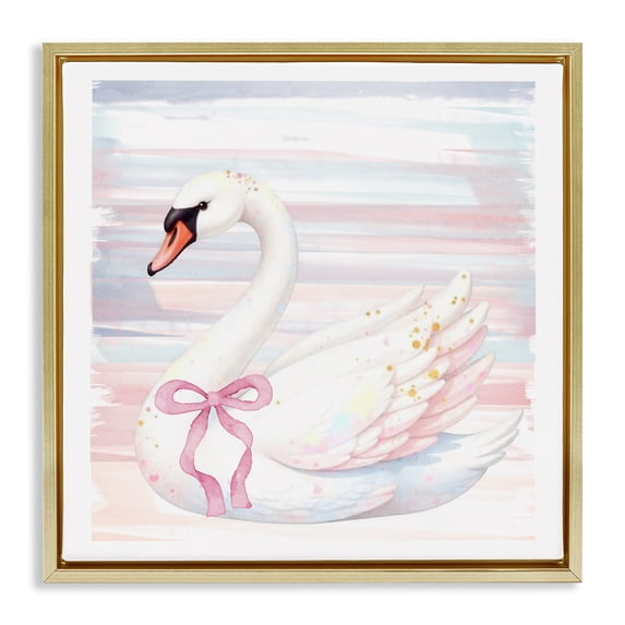Stupell Industries Contemporary Pastel Swan with Ribbon Gold Floating Frame Canvas Art, 18 x 18, by Kim Allen