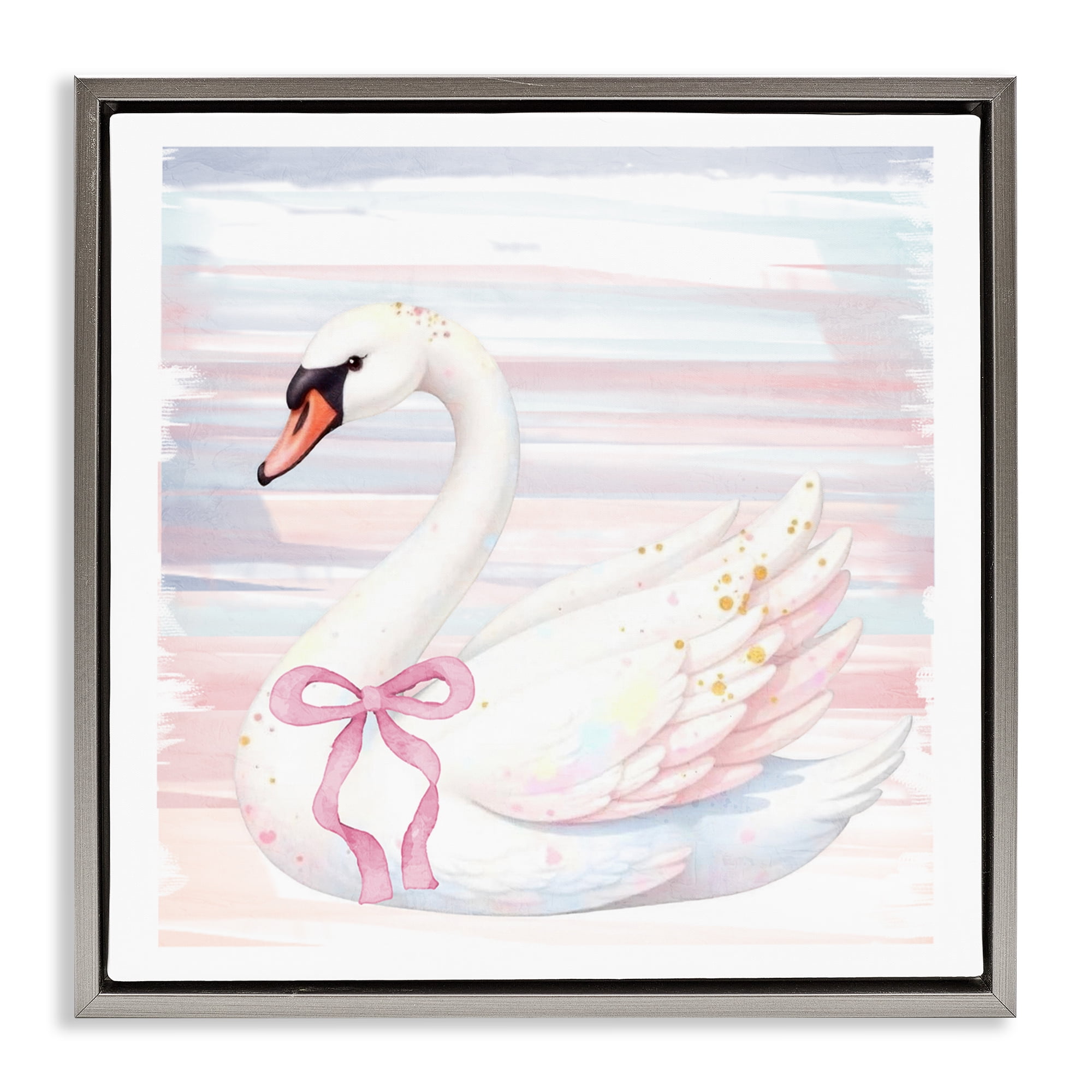 Pastel Swan with Ribbon Gray Framed Floater Canvas Wall Art, design by Kim Allen