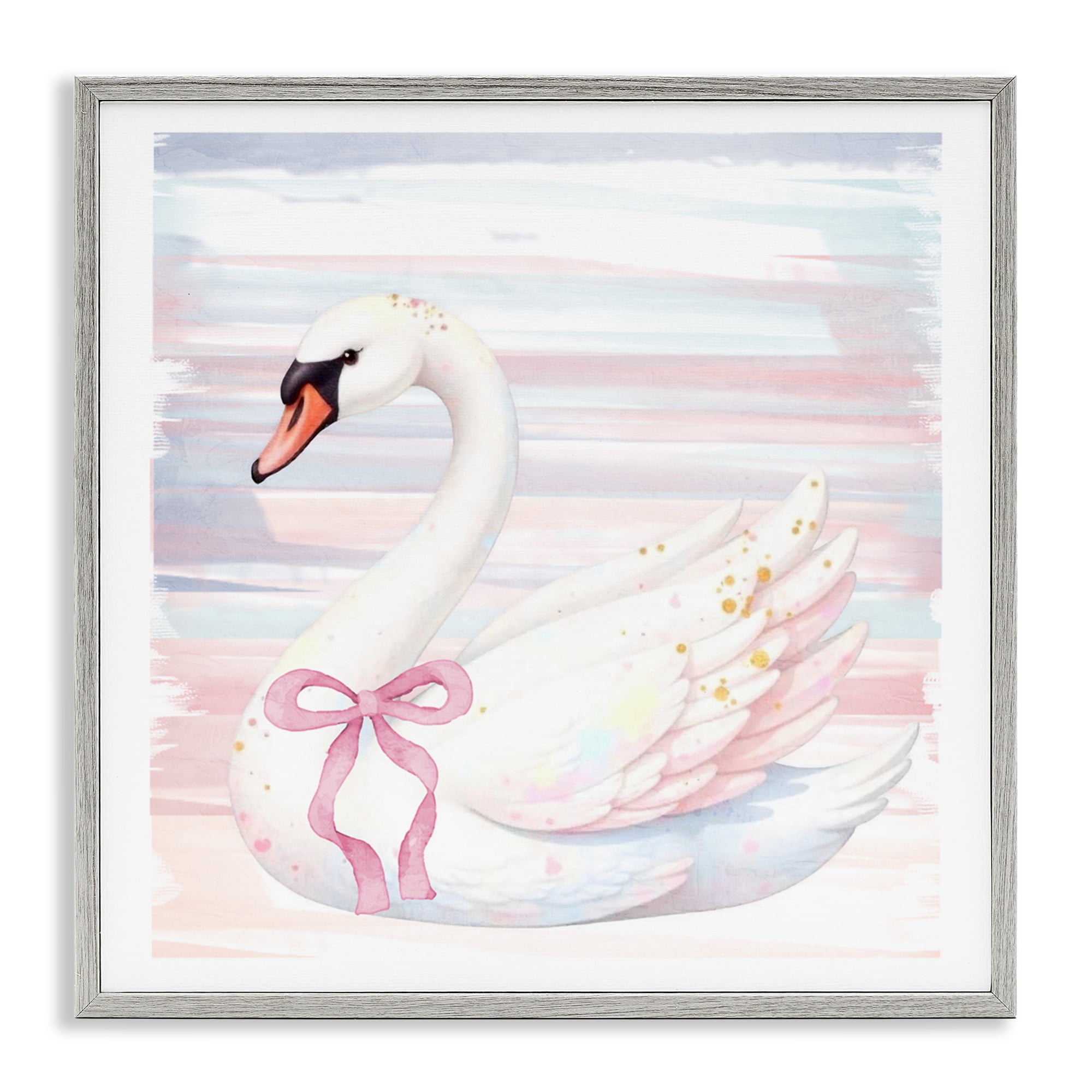 Pastel Swan with Ribbon Gray Framed Giclee Art, design by Kim Allen