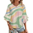thumbnail image 1 of Pastel Swirls Abstract Design Art Women's V-Neck Blouse With 3/4 Ruffled Bell Sleeves Casual Top Ladies Blouses, 1 of 7