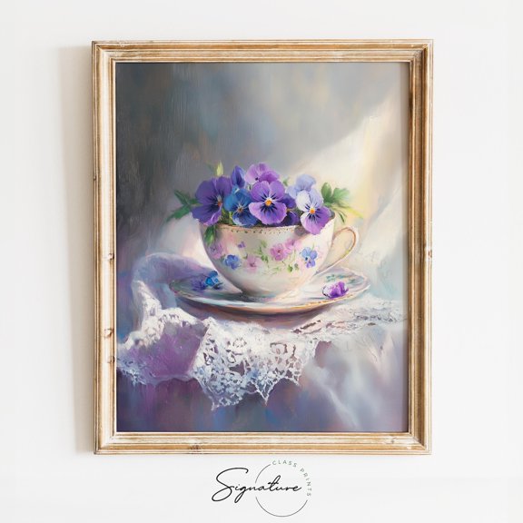 Pastel Teacup With Wild Violets, Rustic Vintage, Cottagecore Floral Decor, Charming Spring Wall Art 3944 Home Decor, 24x36 UNFRAMED
