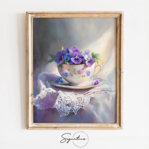 Pastel Teacup with Wild Violets, Rustic Vintage, Cottagecore Floral Decor, Charming Spring Wall Art 3944 Unframed Paper Print
