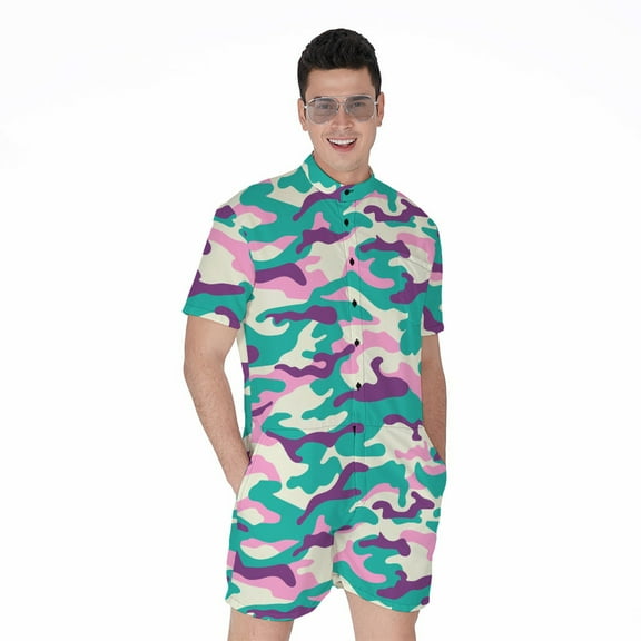 Pastel Teal And Purple Camouflage Short Sleeve Men'S Rompers Casual Summer Jumpsuits Outfit