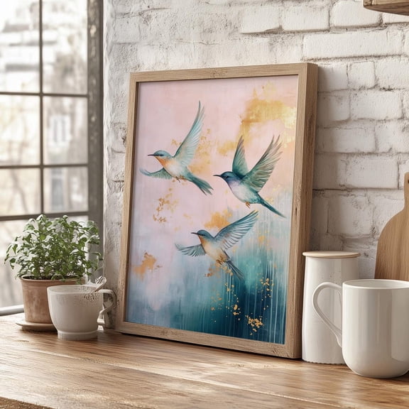 Pastel Teal Birds Celestial Wall Art, Minimal Faith Inspired Decor, Unframed Paper Print Size 8x12