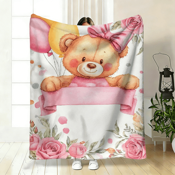Pastel Teddy Bear Floral-Themed Polyester Flannel Blanket ā Soft, Warm Throw for Bed, Sofa, Travel, Camping ā 3 Sizes