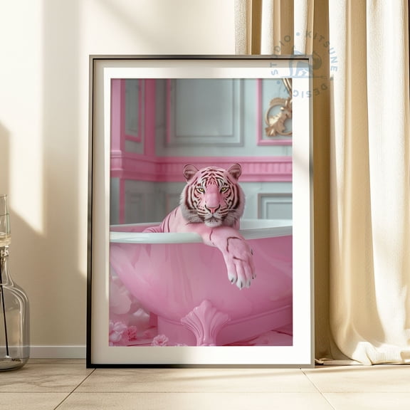 Pastel Tiger in Bathtub Art Jungle Bathroom Art, Unframed Paper Print Size 8x12