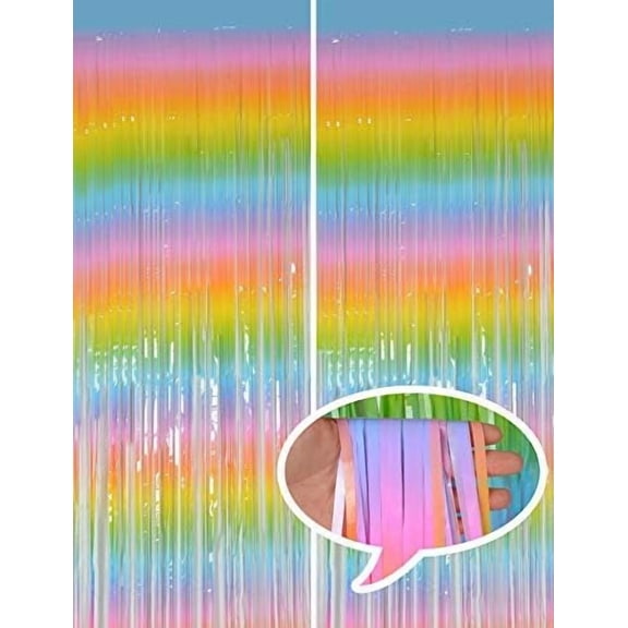 Pastel Tinsel Backdrop for Easter Decorations, Macaron Rainbow Foil Fringe Curtains 3.2 ft x 8.2 ft for Birthday Party Photo Booth Props Decoration, 2 Pack