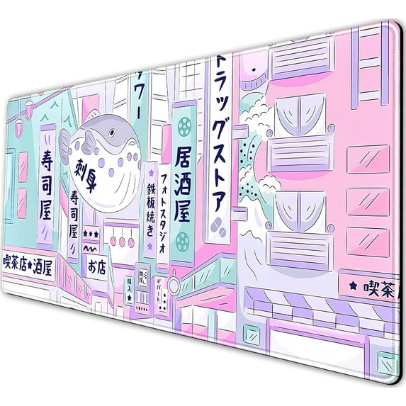 Pastel Tokyo Street Cute Desk Mat Kawaii Anime Japanese Mousepad Large Gaming Mouse Pad Beige Desktop Mat Laptop Keyboard Mouse Mat Desk Pad City Aesthetics Desk Mats for Women Girl 31.5x15.75 in
