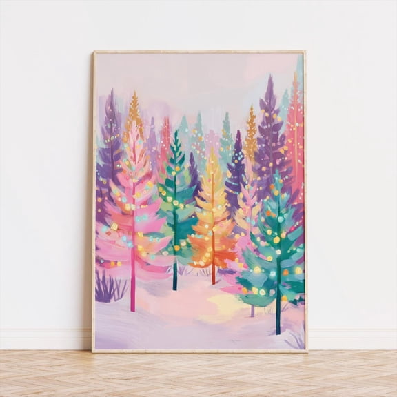 Pastel Tree Art Poster: Whimsical Winter Wonderland, Stretched Canvas Size 16x24