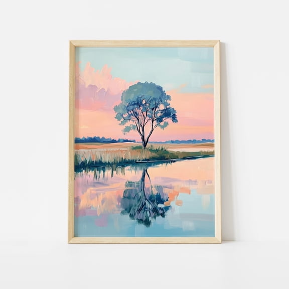 Pastel Tree Reflection Serene Lake Landscape Wall Art Calm Nature Scene Soft Sunset Decor, Unframed Canvas
