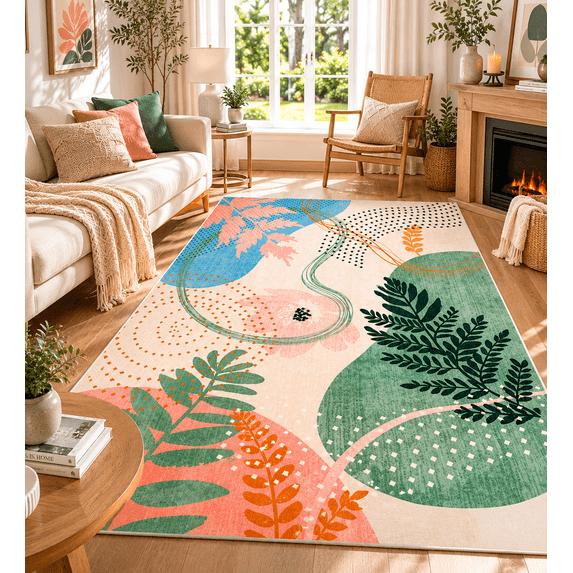 Pastel Tropical Leaves Abstract Area Rug, Non-Slip Contemporary Floor Carpet for Indoor Use,6'x9',Green