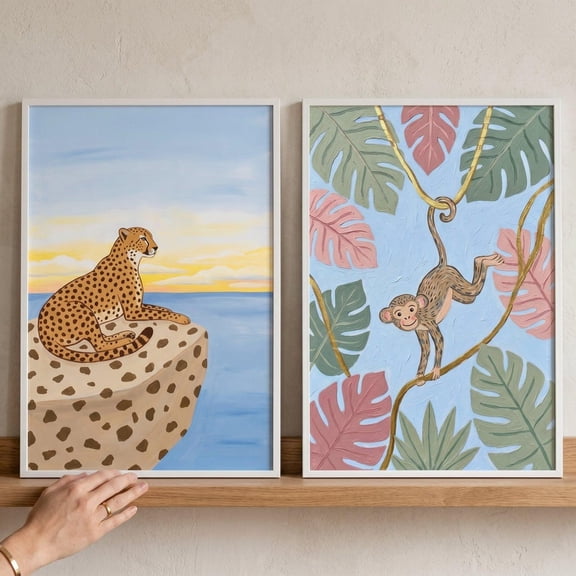 Pastel Tropical Safari Animal Wall Art Print Set Of 2 With Cheetah Monkey Decor