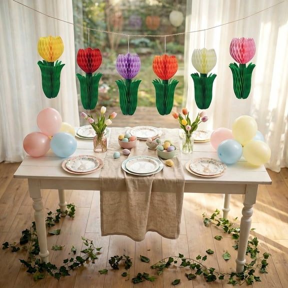 Pastel Tulip Honeycomb Paper Flower Decor – Pastel Party Centerpieces & Birthday Desk Decorations Paper Flowers for Table & Hanging, Easter Mothers Day Birthday Tea Party