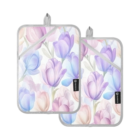 Pastel Tulip Pattern 7x9.8in Pot Holder Set Heat-Resistant Oven Hot Pads Durable with Storage Loop