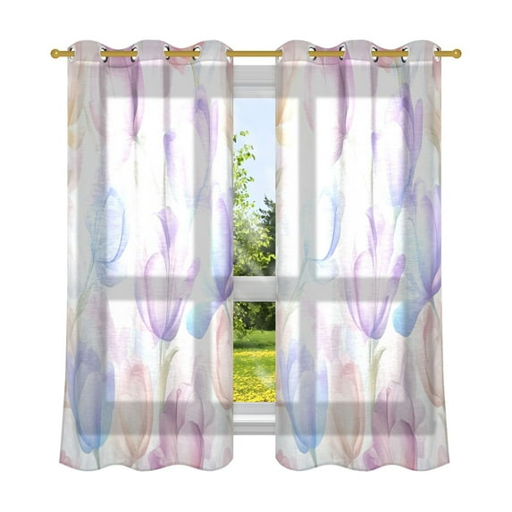 Pastel Tulip Pattern Breathable Sheer Curtains 63x42in Soft Light Filtering, UV Protection and Thermal Insulation