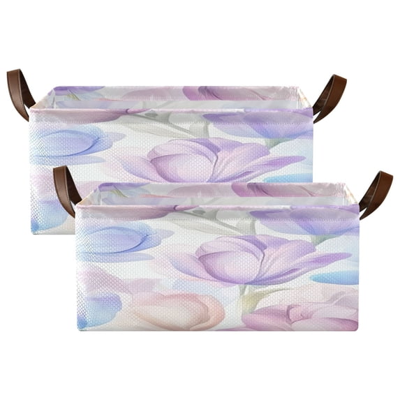 Pastel Tulip Pattern Shelf Baskets Set of 2 Foldable Metal Frame Open Storage Bins 16.9x11.4x7.7in Large Capacity