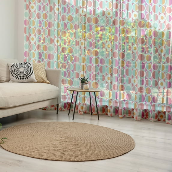 Pastel Tulle Curtains with Rod Pocket, Geometric Simplistic Pattern with Colorful Circles in Squares Funky and Retro Style, Sheer Drape for Wedding Party 2 Panels, 7 Sizes, Multicolor, by Ambesonne