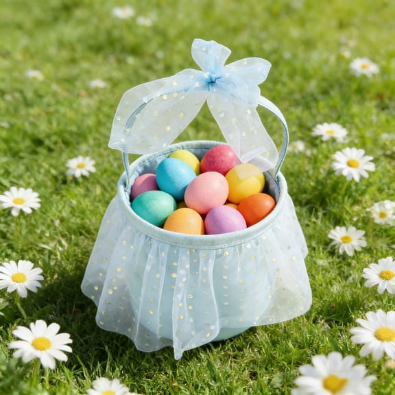 Pastel Tulle Easter Basket With Shimmering Gold Polka Dot Bow Ideal For Easter Party Decoration Treat Holding And Holiday Gift Giving