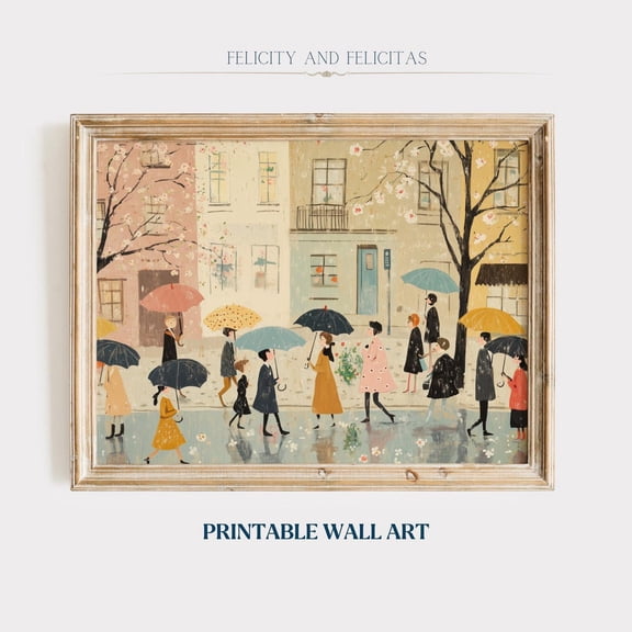 Pastel Umbrella Wall Art, Cute Spring Rain Artwork, Beige Farmhouse Decor, Neutral Spring Village Canva, Wall Art, Modern Wall Decor, 8x12 UNFRAMED