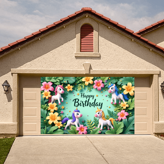 Pastel Unicorn Banner Colorful Flowers Party Decoration Green Backdrop for Kids Birthday Celebration