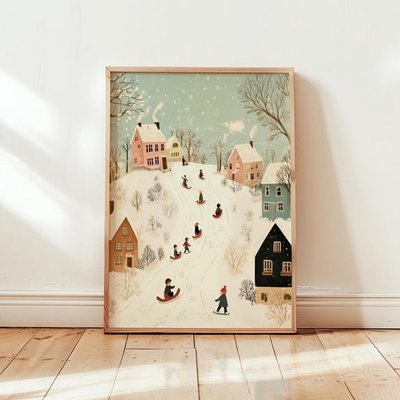 Pastel Village Wall Art Neutral Winter Home Decor, Unframed Paper Print Size 8x12