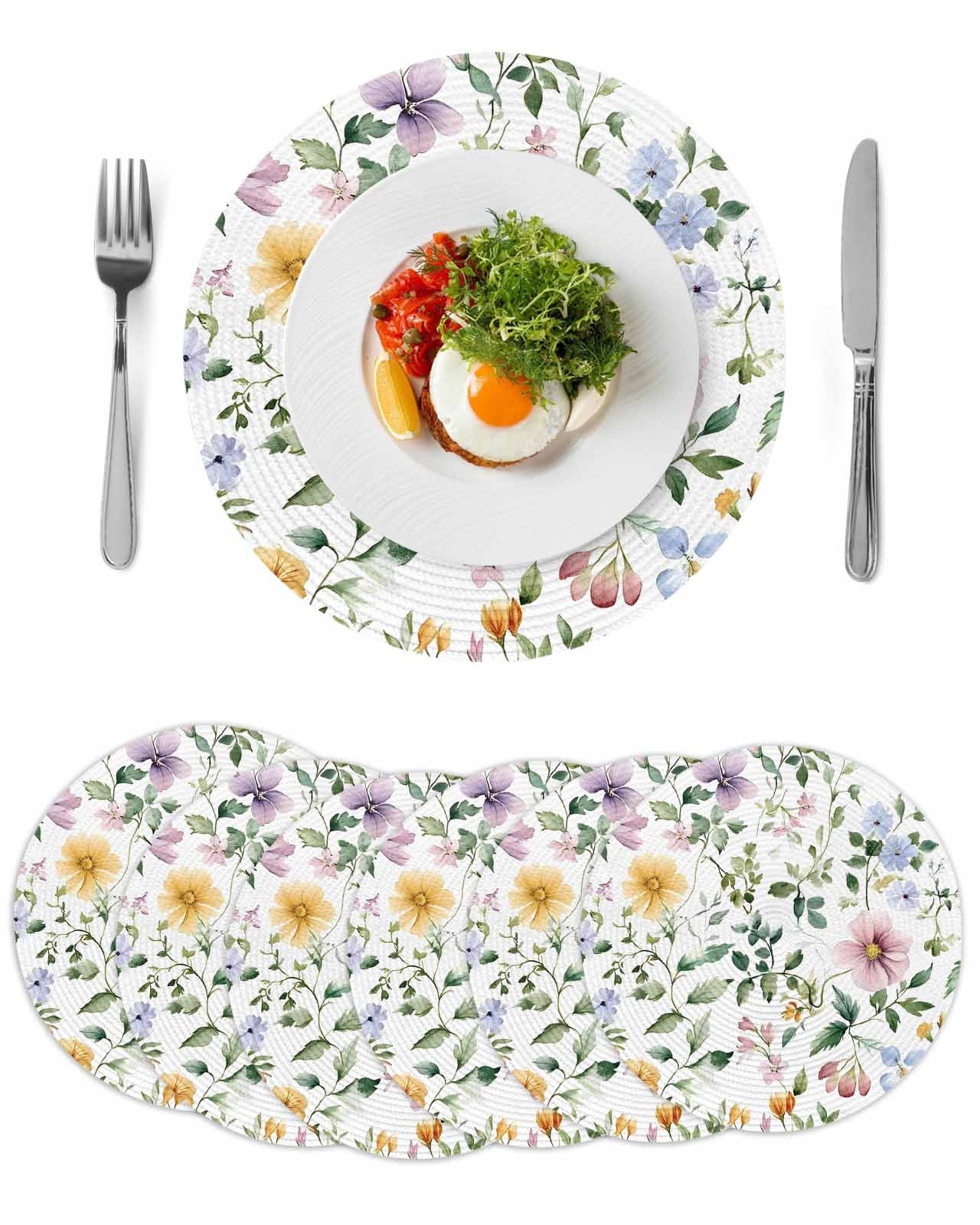 Pastel Watercolor Floral Leaf Round Table Placemats set of 6, Rustic ...