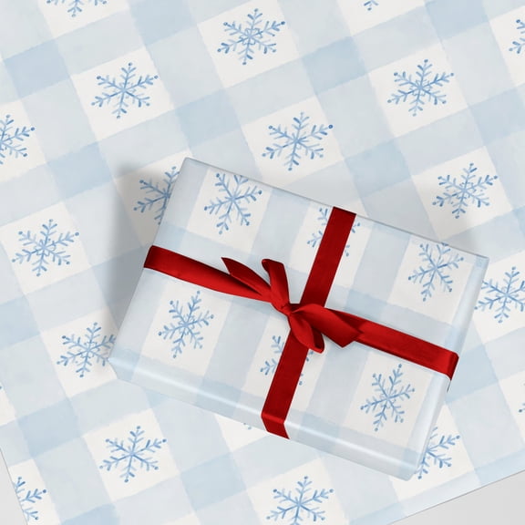 Pastel Watercolor Light Blue Plaid Snowflake Wrapping Paper, Soft Winter Check Gift Wrap for Christmas New Year Birthday Present Packaging Decor