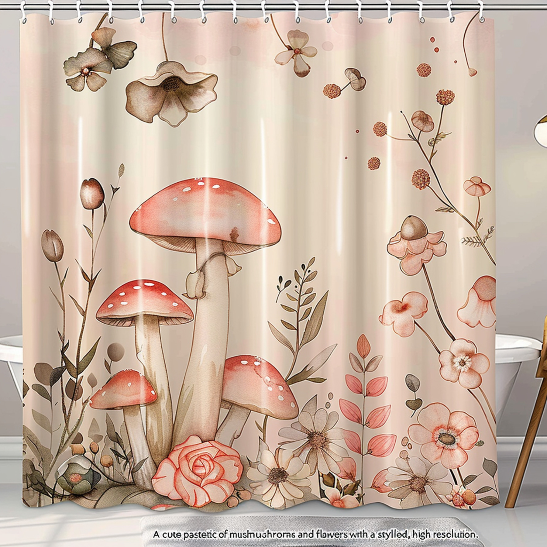 Pastel Watercolor Mushroom and Flower Shower Curtain Detailed Beige ...