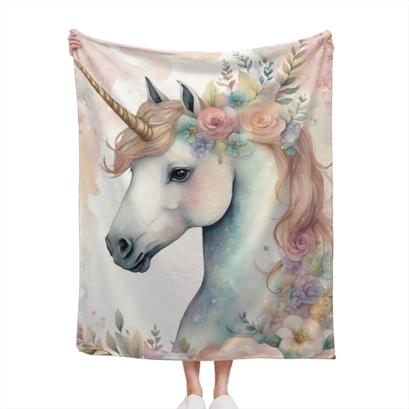 Pastel Watercolor Unicorn with Flowers, Floral Unicorns Lovers Design Gift Lightweight Cozy Soft Flannel Throw Blanket 50x60 inches for Couch, Bed, Living Room, and Travel