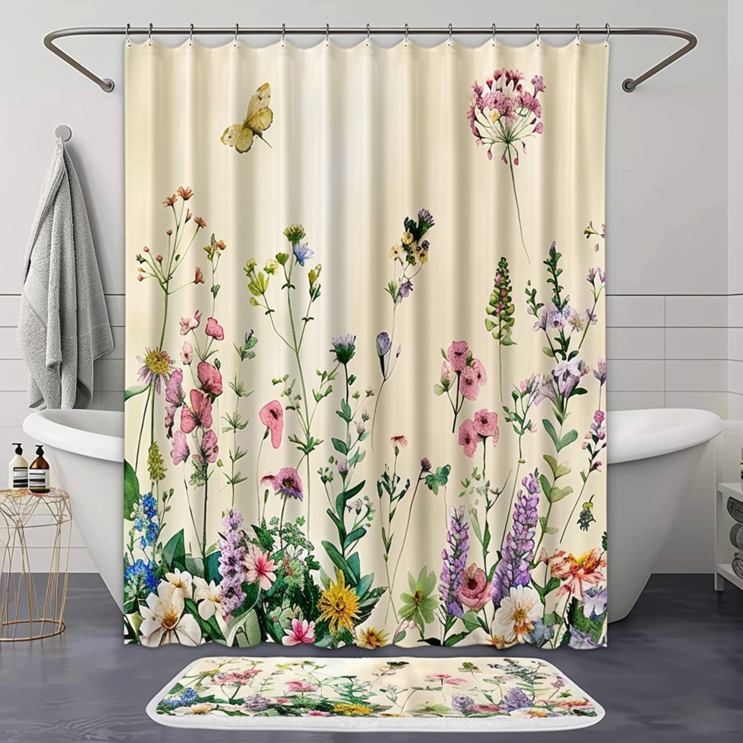 Pastel Watercolor Wildflower Garden Shower Curtain Set Floral Bathroom ...