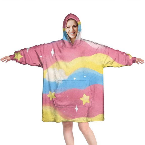 Pastel Wave Star Pattern Wearable Oversized Blanket,Wearable Blanket Hoodie for Adults,Cozy Hooded Blankets with Super Pockets,Super Warm Fuzzy Pullover for Women & Men