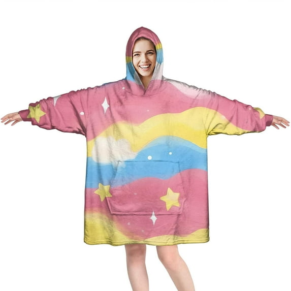 Pastel Wave Star Pattern Wearable Oversized Blanket,Wearable Blanket Hoodie for Adults,Cozy Hooded Blankets with Super Pockets,Super Warm Fuzzy Pullover for Women & Men