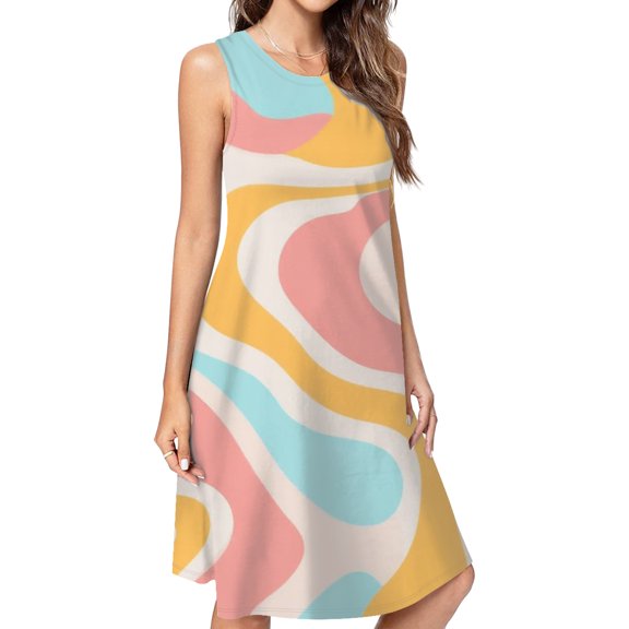 Pastel Wavy Abstract Design Art Spring Summer Dresses For Women Fashion Dress Casual Sleeveless Loose Sundress With Pockets